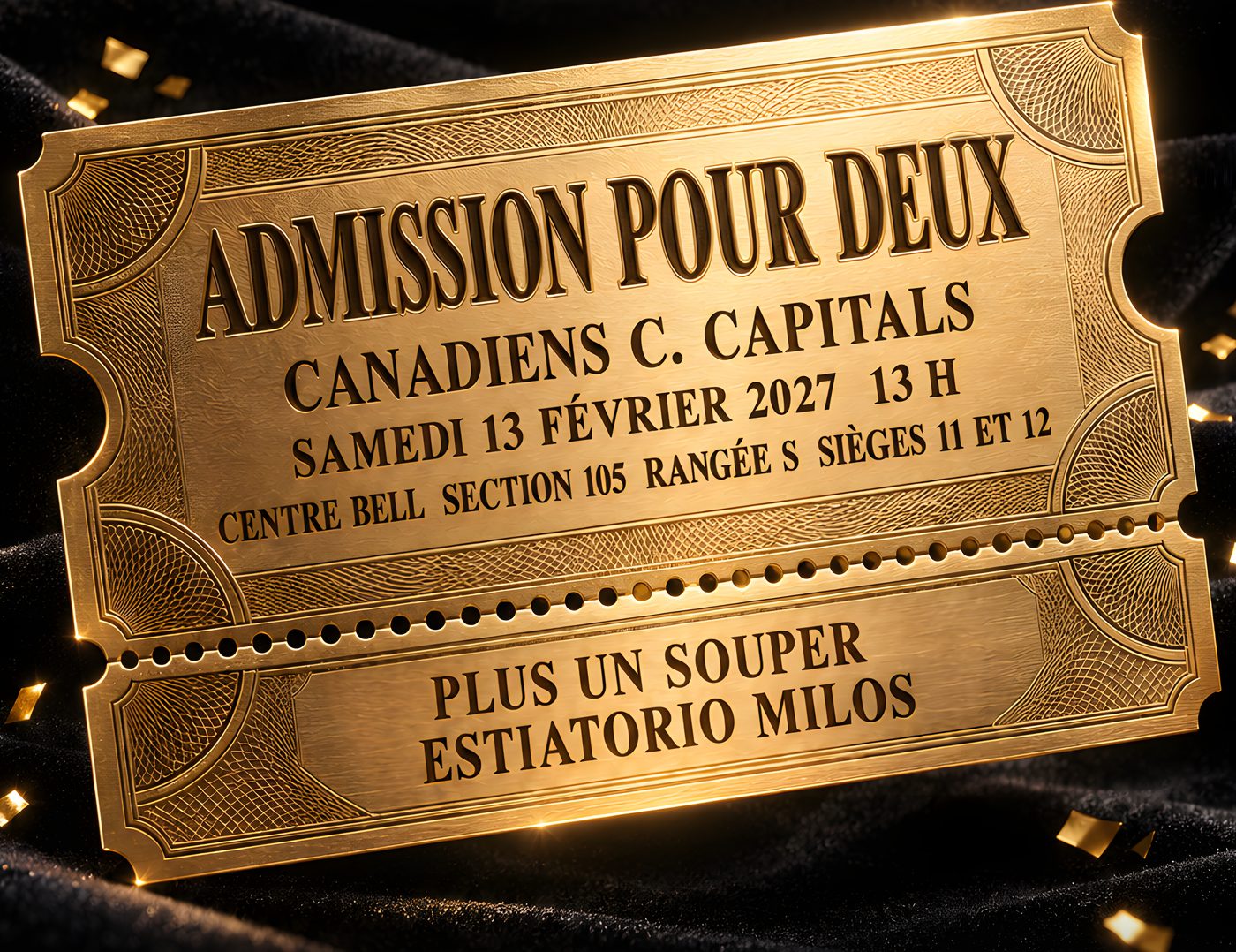Un billet doré sur velours noir : Admission pour deux. Canadiens c. Capitals. Samedi 13 février 2027, 13 h. Centre Bell, section 105, rangée S, sièges 11 et 12. Plus un souper, Estiatorio Milos.